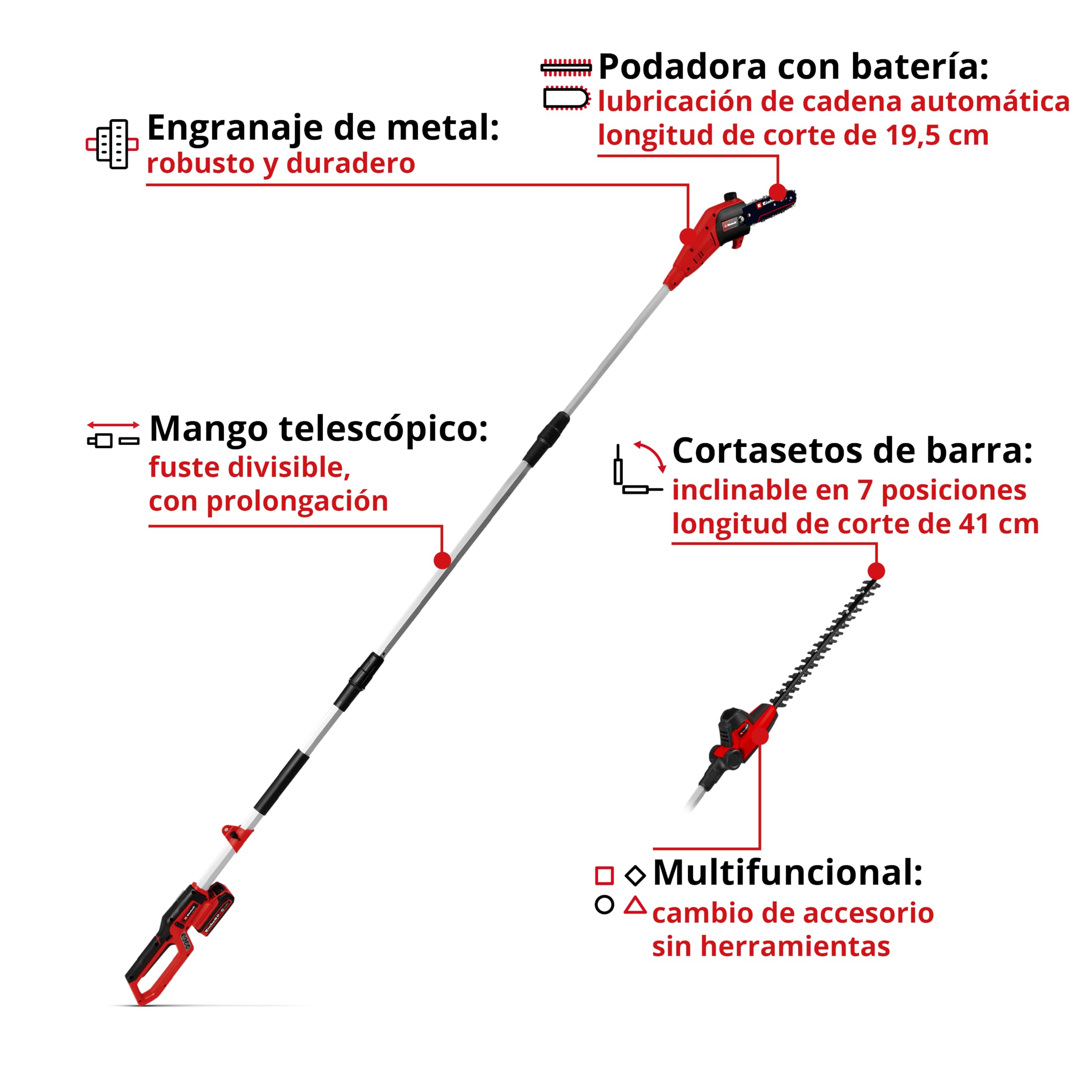 Einhell Herramienta multifunción con batería GC-HC 18/4520 Li T-Solo PXC | 18 V | Cortasetos de 41 cm | Podadora de altura de 19,5 cm | Barra de extensión | Correa de transporte | sin batería
