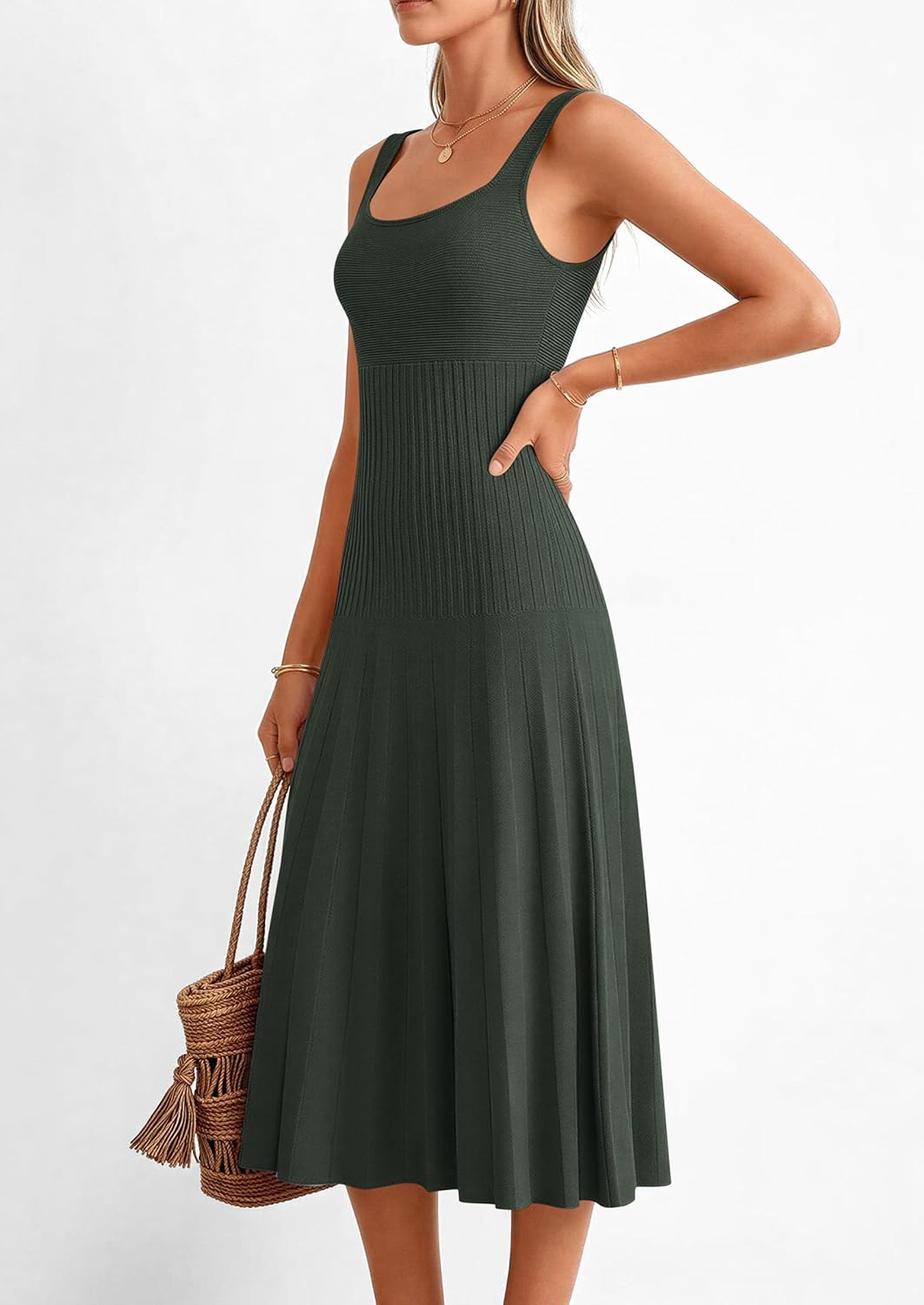 PRETTYGARDEN Spring Dresses for Women 2026 Summer Casual Sleeveless Square Neck A Line Knit Pleated Midi Cocktail Party Dress - Image 3