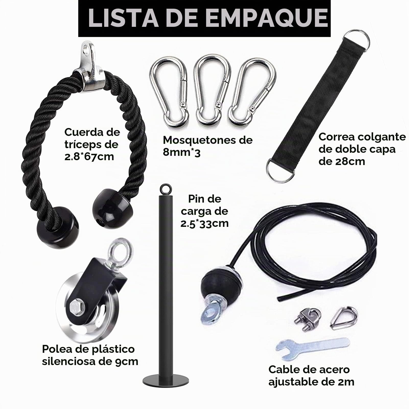 Sistema de Poleas Gimnasio en Casa, Kit Musculación Fitness con Cuerda Tríceps, Polea Aluminio 9 cm, Cable Acero 2 m y Pin Carga para Espalda, Brazos, Hombros, Bíceps y Parte Superior en Casa