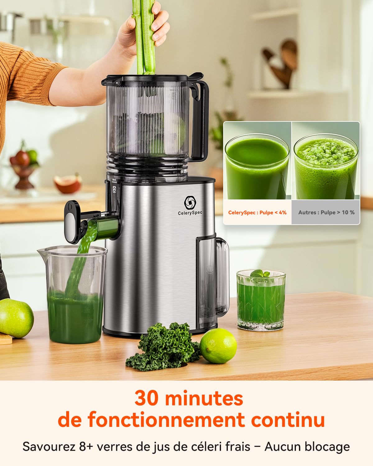 Extracteur de Jus Lent, Centrifugeuse Fruits et Legumes avec Goulotte 130 mm, 1,8L, Slow Juicer Sans BPA, 250W, Nettoyage Facile, Fonction Inverse, Acier Inoxydable Noir
