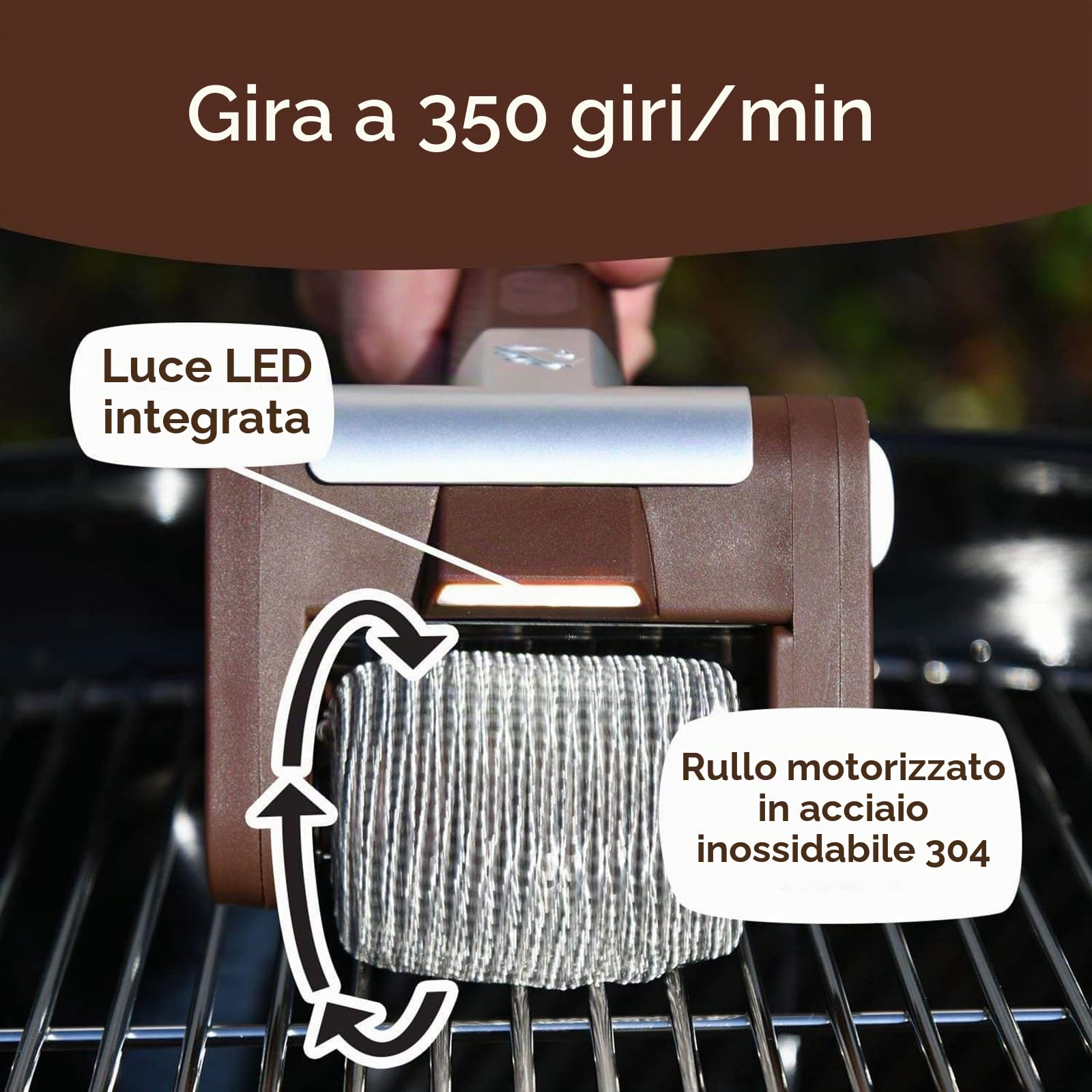Spazzola Elettrica Senza Fili per Griglia, Spazzola Rotante in Acciaio Inossidabile con Luci LED Integrate, Spazzola Ricaricabile per Barbecue All'aperto, Bagno E Cucina