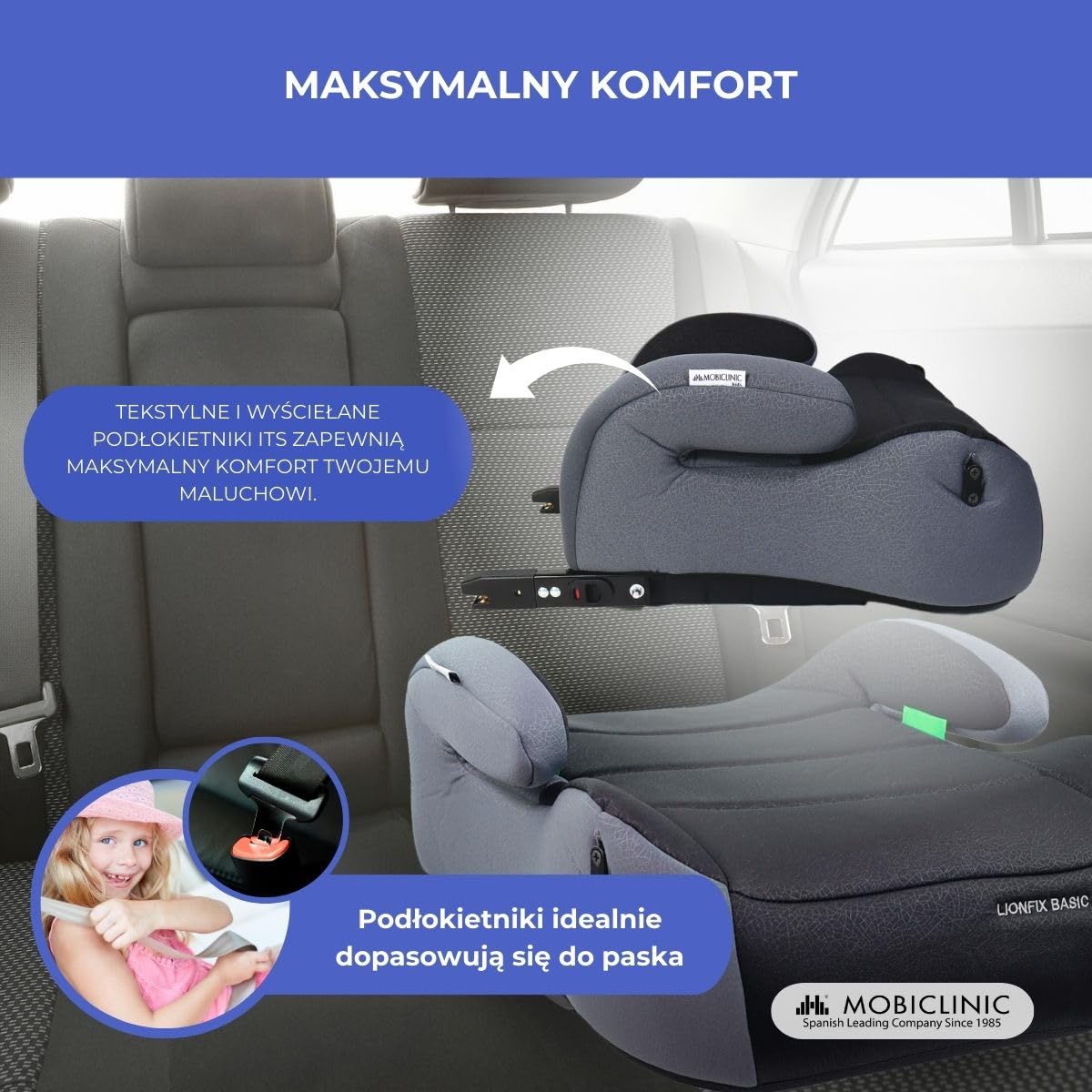 Mobiclinic®, Podwyższenie Fotelika,ISOFIX Regulowany, I-Size ECE R129, Uchwyt na Butelkę, 125–150 cm, Zdejmowana i nadająca się do prania tapicerka, 22–36 kg, Wyściełany podłokietnik, Lionfix Basic