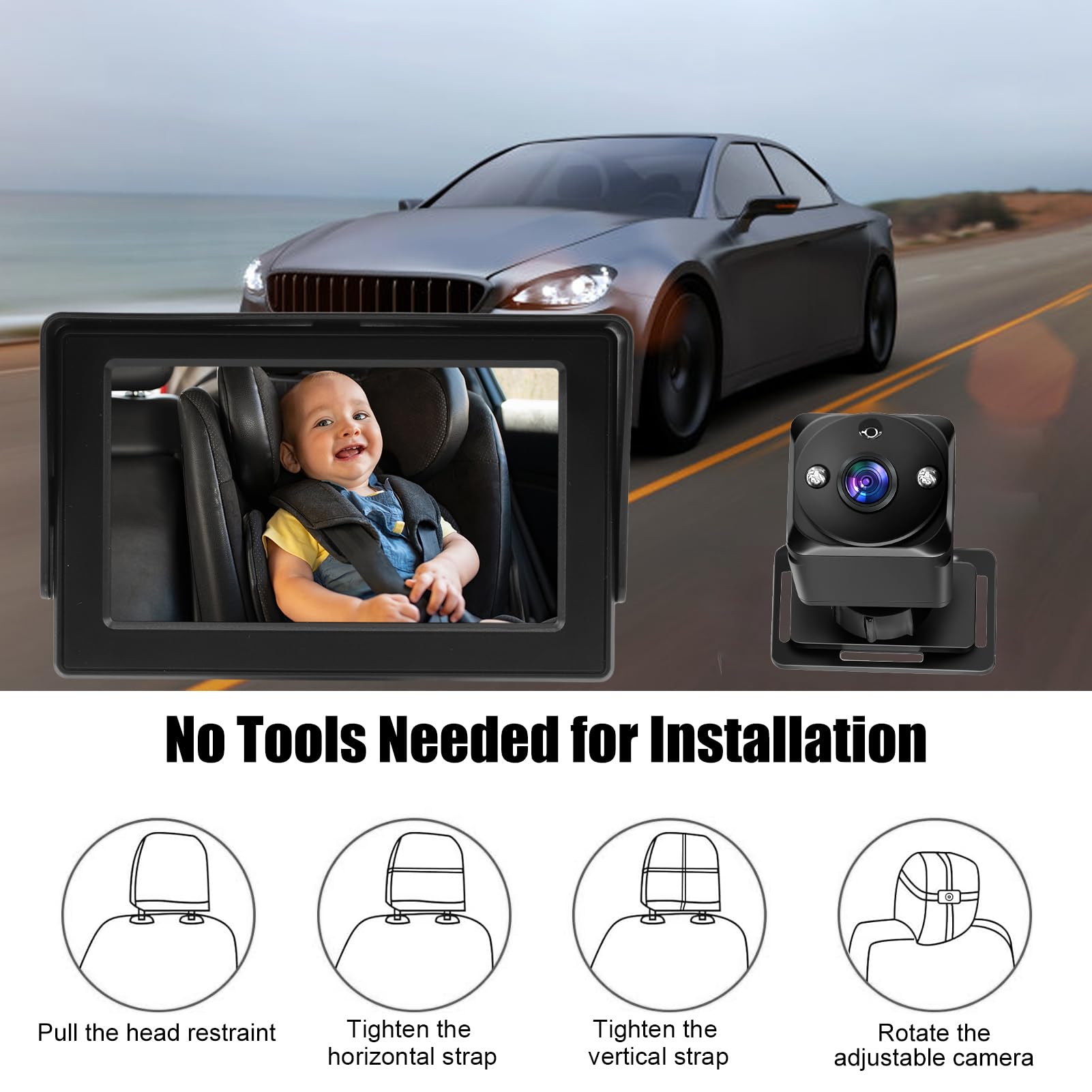 Tbest Kamera Samochodowa dla Niemowląt, Monitor 4,3 Cala, rozdzielczość 1080P HD, Kamera Skierowana do Tyłu, z funkcją Widzenia w Nocy, Obrót o 360°, Szeroki Kąt Widzenia, Złącze USB (Z 2