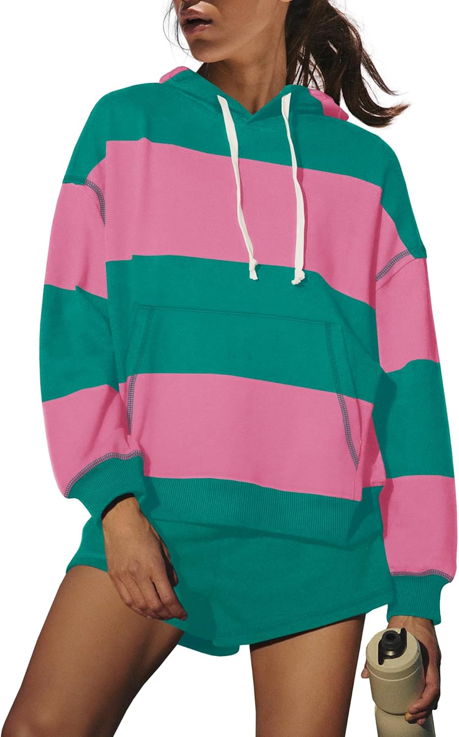 SENSERISE Women Striped Workout Set 2 Piece Outfits Matching Lounge Sets Oversized Hoodies Shorts Sets Travel Sweatsuits