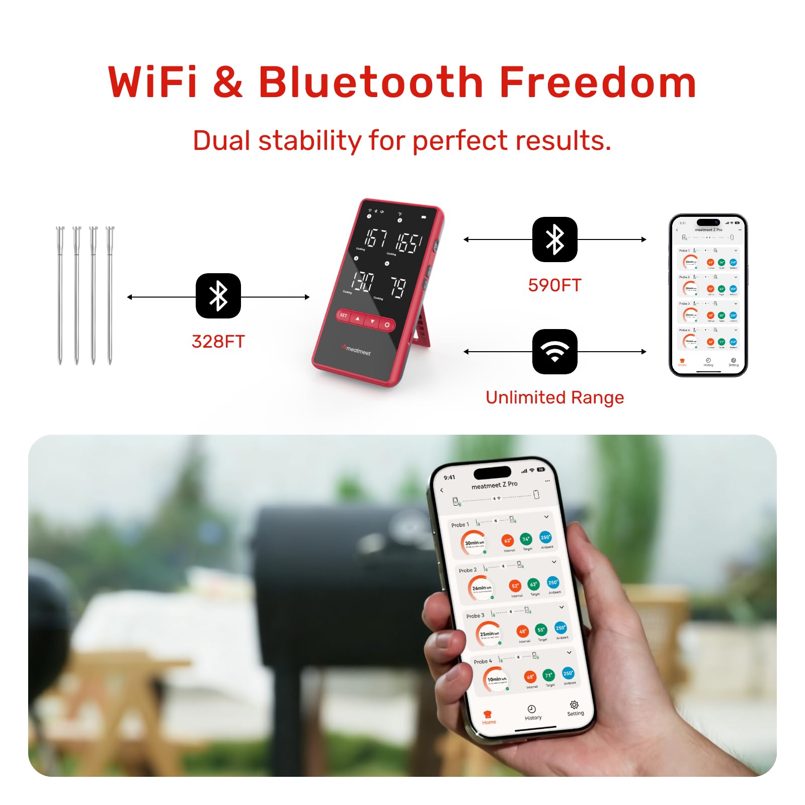 Bluetooth Meat Thermometer Wireless, 4 Probes, Standalone Base | 6 Sensors With ±0.18°F Accuracy, WiFi, IP69 Waterproof, AI-Guided Cooking, for Kitchen, BBQ, Grill, Oven, and Smoker (Z Pro)