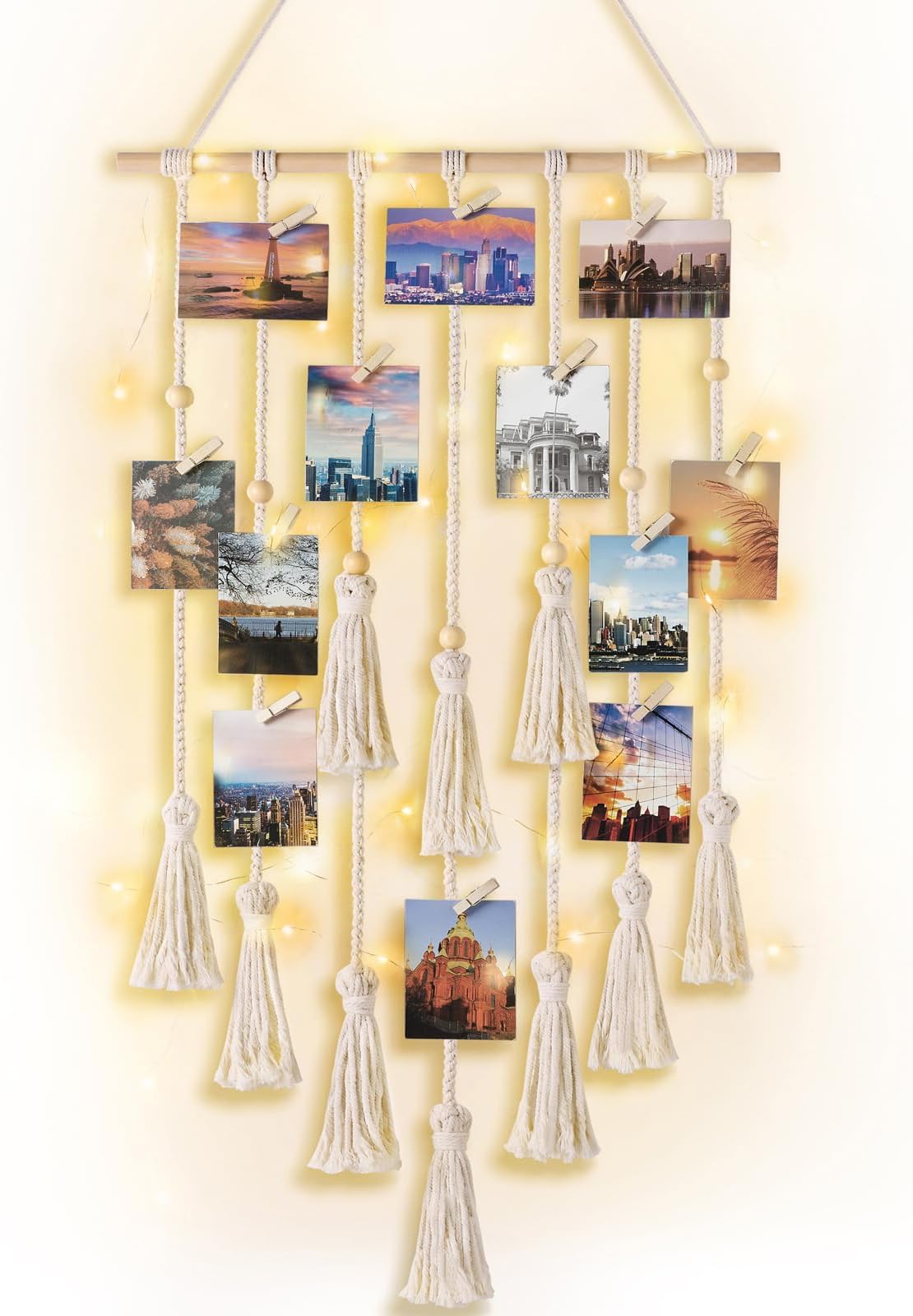 Mkono Hanging Photo Display Boho Macrame Wall Decor with Light, Teen Girl Teenage Gifts, Pictures Cards Frame Holder Art Hanger for Christmas Birthday Party Bedroom Dorm, with 30 Wood Clips, Ivory