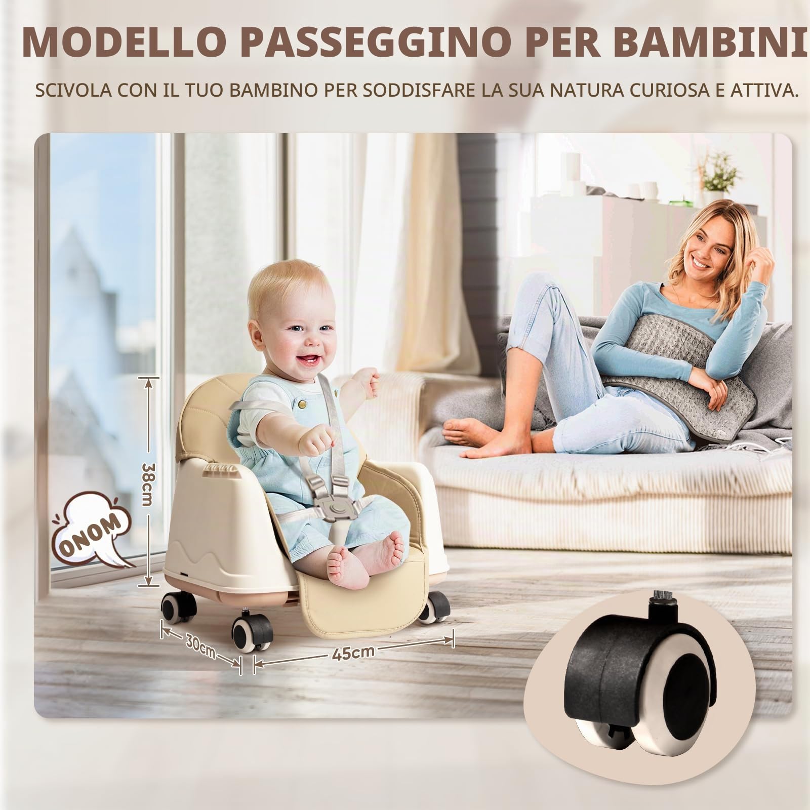 Seggiolone pieghevole 4in1, Reclinabile e regolabile in altezza, con vassoio estraibile e rotelle, Seggiolone regolabile con cintura a 5 punti, Beige