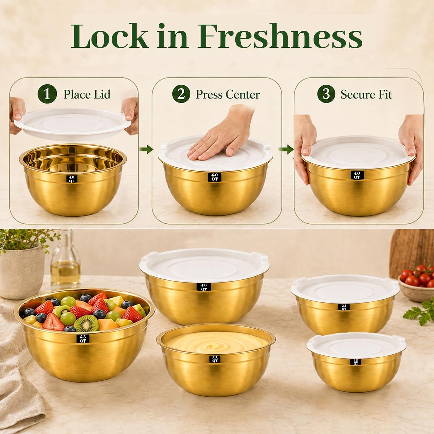 5-Piece Gold Stainless Steel Mixing Bowls with White Lids, Nesting Mixing Bowl Set in 1.5, 2.1, 3.5, 4 and 4.5 QT Sizes for Baking, Cooking, Meal Prep, Salad, Everyday Kitchen Use and Food Prep image 5