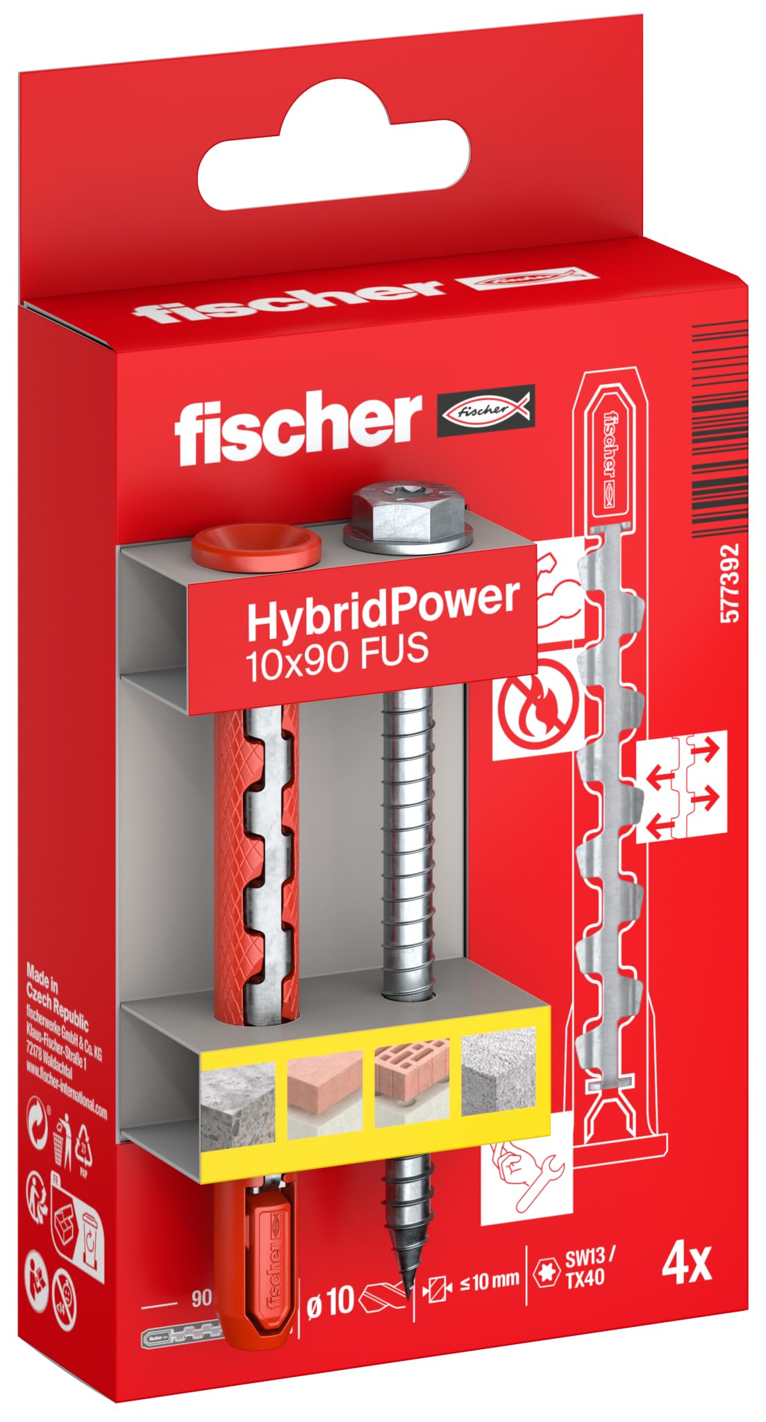 fischer 577392 HybridPower 10 x 90 feet, dowels for Highest Load Capacity and Safety, Easy Installation Without Setting Tools, Universal for Perforated and Solid Building Materials, Masonry, Concrete