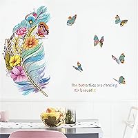 Vista 2 de Hermosas calcomanías de pared coloridas de plumas y flores de mariposa, arte floral de sacinora DIY calcomanías de pared de vinilo extraíble
