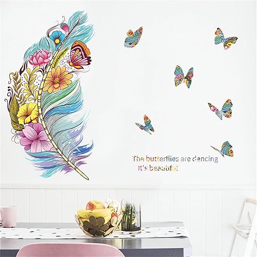 Miniatura 2 de Hermosas calcomanías de pared coloridas de plumas y flores de mariposa, arte floral de sacinora DIY calcomanías de pared de vinilo extraíble para