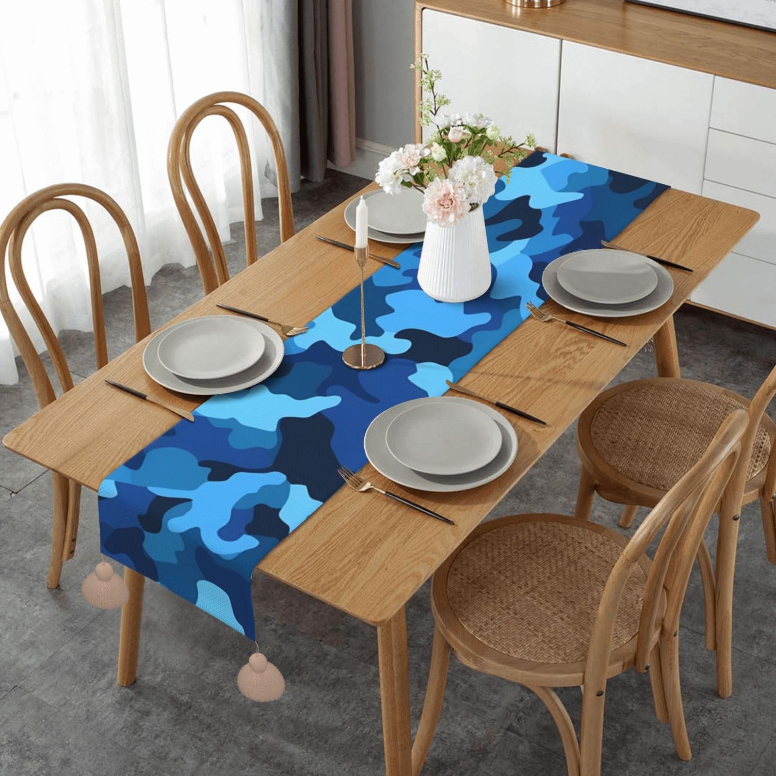 Chemin de table en lin imprimé camouflage bleu 35 cm décoration table
