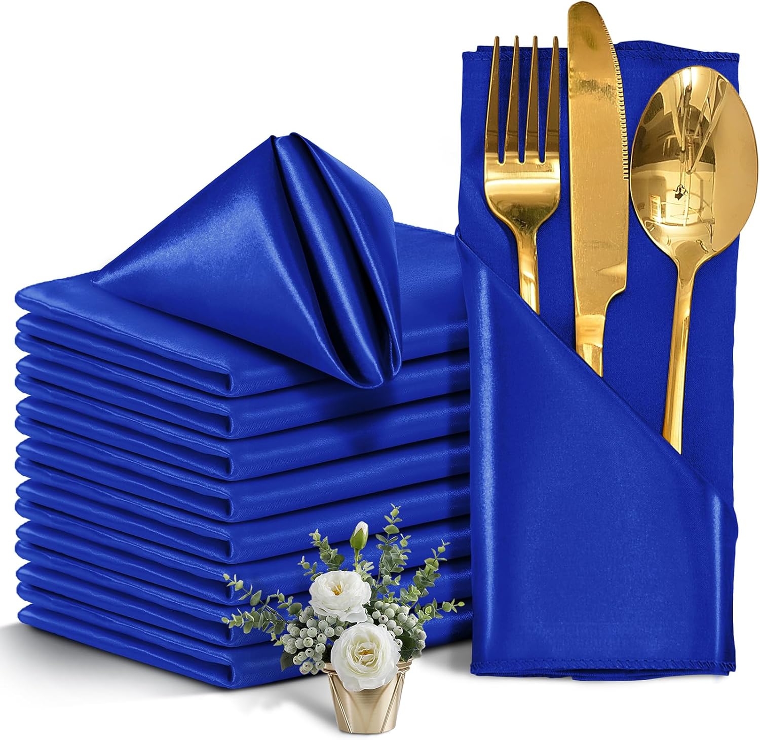 Eychei 50 Pieces Royal Blue Satin Napkins, 17" x 17" Square