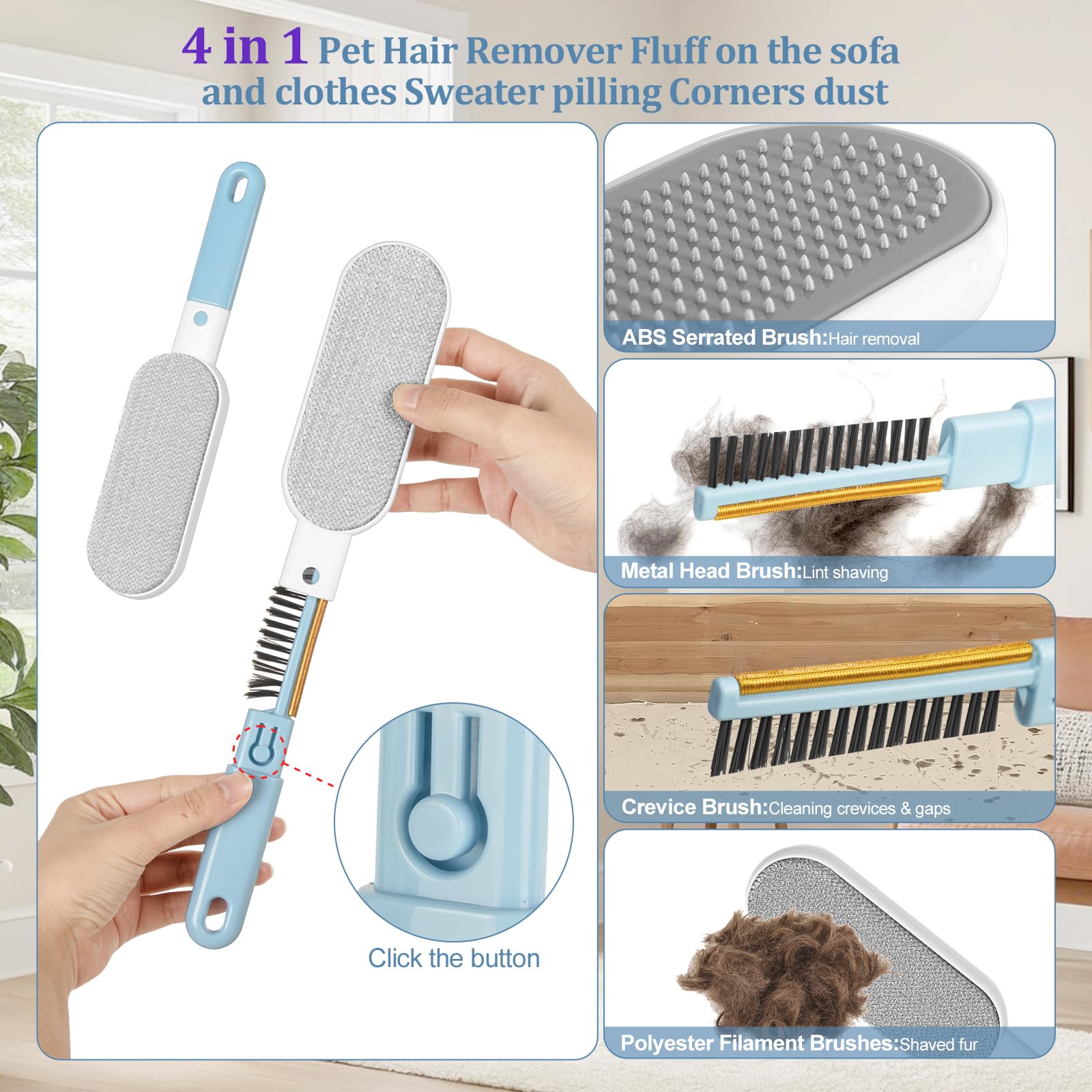 Lot de 4 outils d'épilation pour animaux de compagnie, râteau pour épilation des poils de chiens et chats, anti-peluches à long manche réglable, brosse pour tapis, canapé, meubles, gris clair