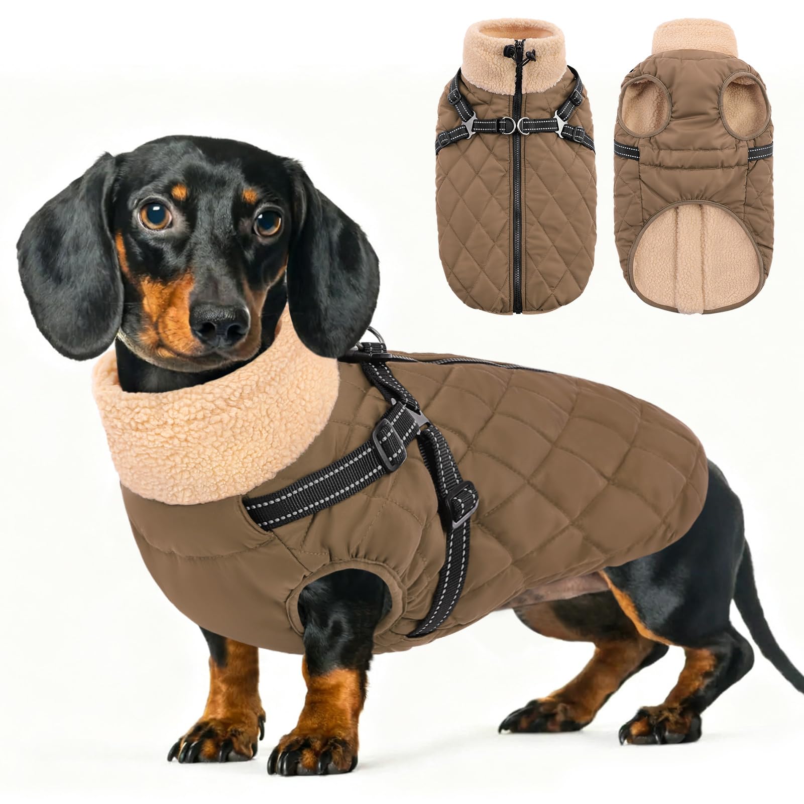 Queenmore Waterproof Small Dog Coat - Windproof Dog Jacket with Harness, Reflective Fleecced Lined Pet Clothes for Puppy Cockapoo Dachshund Sausage Dog Zipper Closure(Brown, S) โ image 1