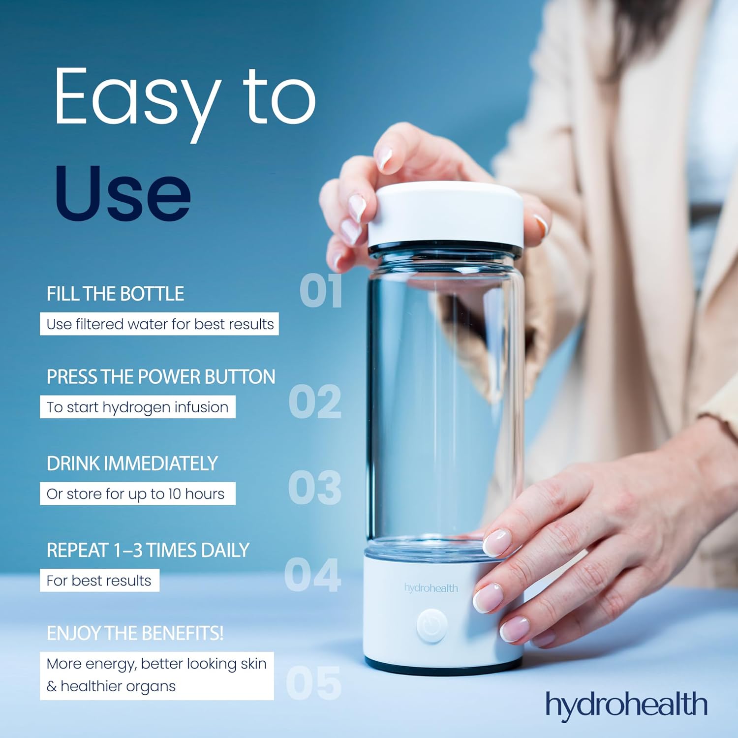 Hydrohealth Hydrogen Water Bottle for Kidney Health – 1600PPB Hydro Health Rechargeable Bottle with SPE/PEM Tech – Water Hydrogen for Daily Use | Turbocharge Energy, Strength & Metabolism - Image 4