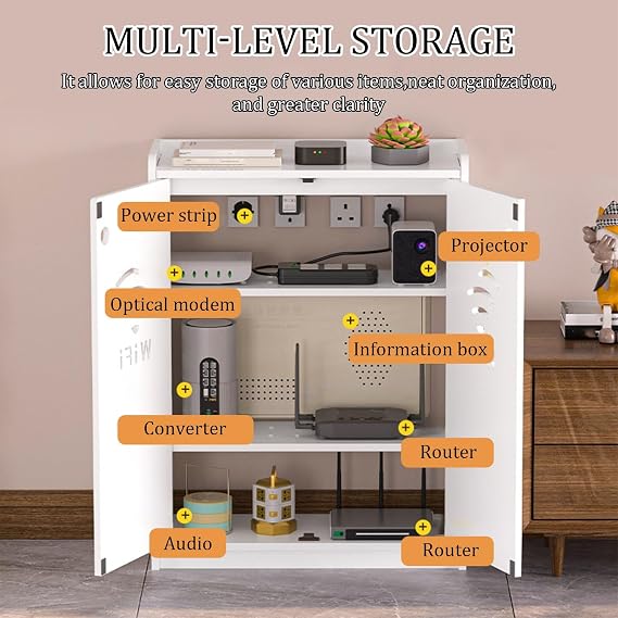Modern WiFi Router Storage Cabinet With Adjustable Shelves,Home Double-Deck Media Storage Cabinet,Power Strip And Cable Management Hider Organizer