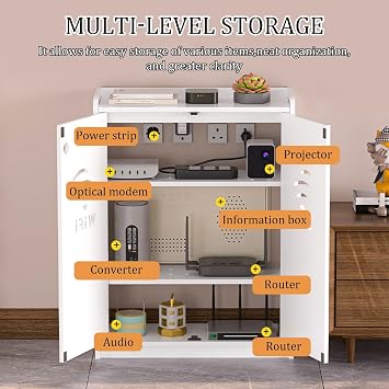 Modern WiFi Router Storage Cabinet With Adjustable Shelves,Home Double-Deck Media Storage Cabinet,Power Strip And Cable Management Hider Organizer