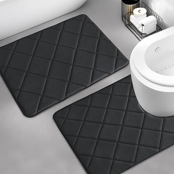 YIHOUSE Memory Foam Bathroom Rugs Set, Ultra Soft Bath Mats for Bathroom Floor Set of 2, Bath Rug with Toilet Rugs U Shaped for Bath Room, Shower, Black