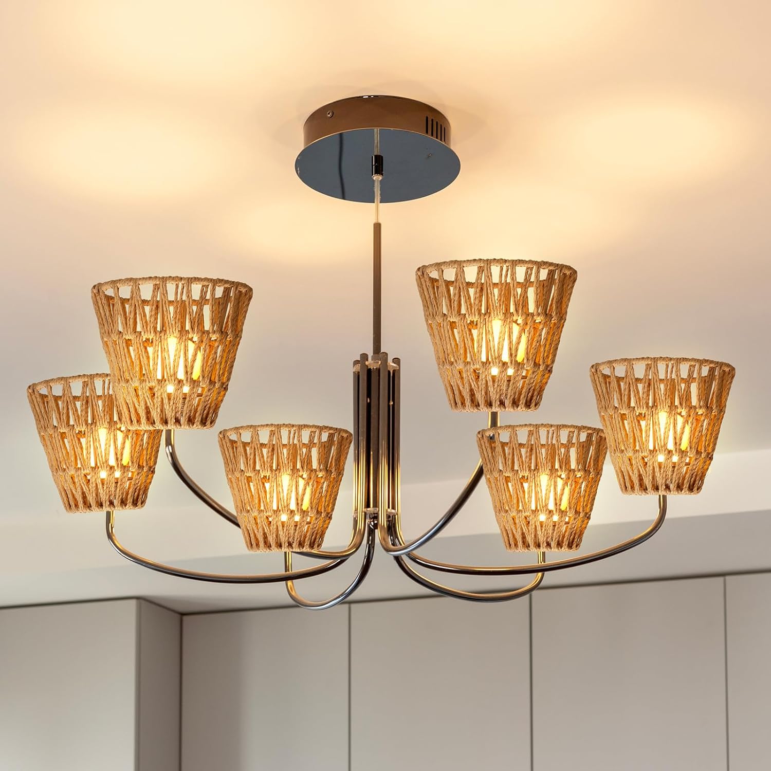 Small Rattan Bell Lamp Shade Boho Handwoven Barrel Rattan Chandelier Shades Replacement for Table Floor Lamp Pendant Light Fixtures, 5.5" H x 5.9" D, 2.76" Fitter(6 Pcs,Boho,Normal)