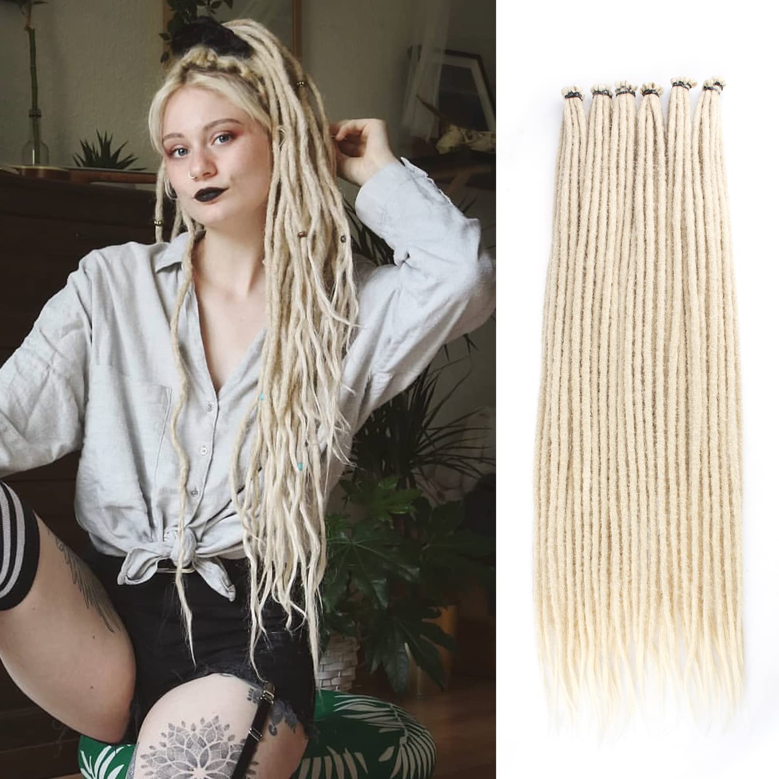 Leeven 24 Inch Blonde Synthetic Dreadlock Extensions 20 Strands 0.6 cm Width Single Ended Crochet Dreads Reggae Style Braiding Hair Handmade Loc