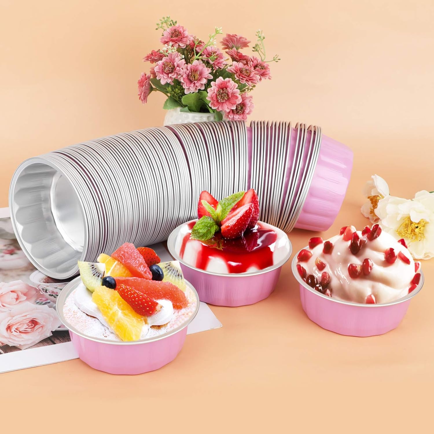 Aluminum Cups with Lids, Beasea 8 oz 100 Pack 3.9" Disposable Ramekins Bake Utility Ramekin Cup Pink Souffle Cup Cartoon Muffin Cupcake Baking Cup Mini Pudding Cups for Party Wedding Birthday
