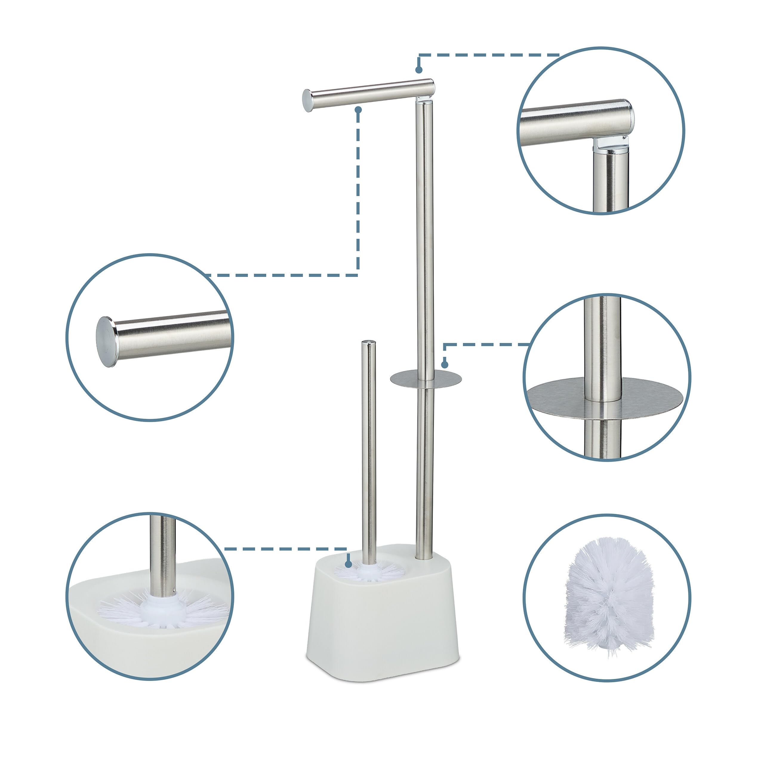 Juego de baño Relaxdays, Acero Inoxidable, 65,5 x 13 x 16 cm, Soporte de Papel higiénico, escobilla de baño, Blanco