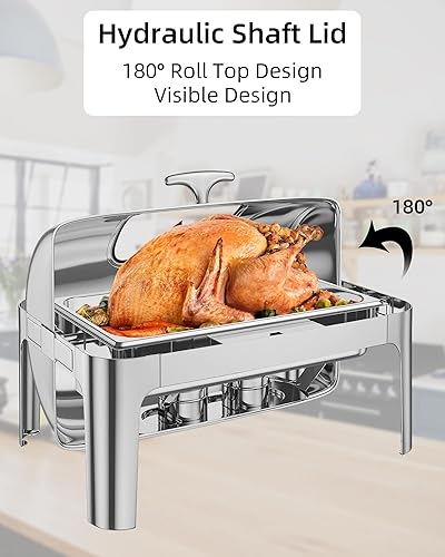 Miniatura 4 de Platos de 9 cuartos de galón para buffet, sartén de tamaño completo tapa visible acero inoxidable servidor de buffet con parte superior enrollable,