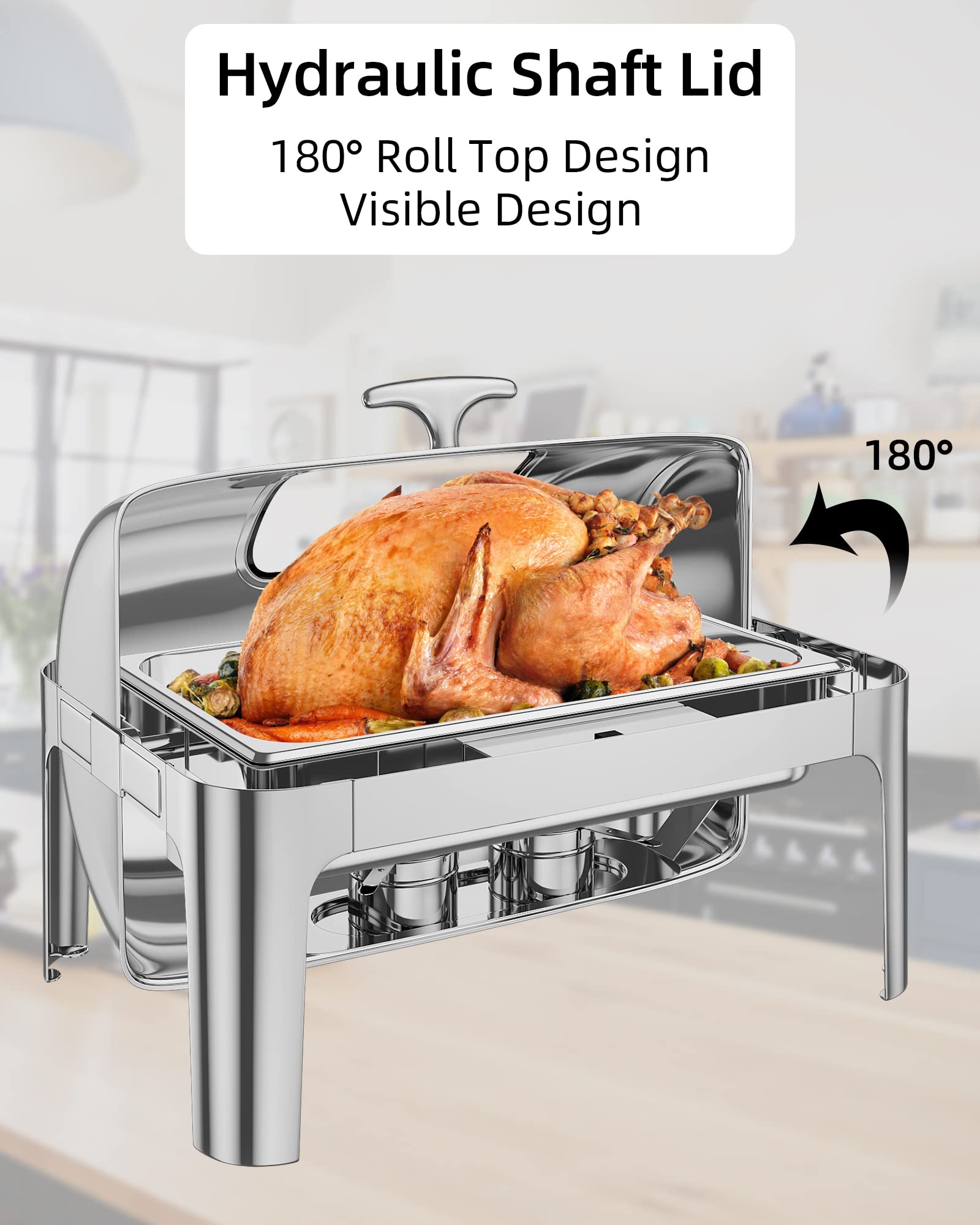 Garvee Chafer clásico de Acero Inoxidable con Tapa Enrollable de 9 Cuartos de galón con Plato de Vidrio para Buffet [al Menos 8 Personas]