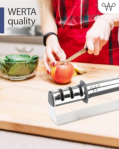 Miniatura 7 de WERTA Afilador de cuchillos de acero inoxidable  Afilador de cuchillos de 3 etapas  Ideal para cuchillos de chef y cuchillos de cocina  Para zurdos