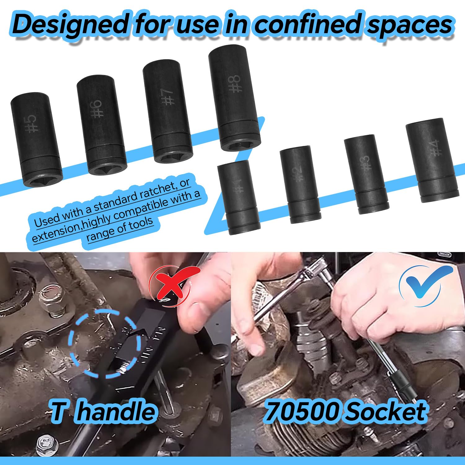 Juego de vasos para machos de roscar 70500, 8 piezas, con entrada de 1/4" y 3/8", compatible con todos los machos de roscar estándar MCTI (1/2" y 1/8" NPT, hasta 12 mm métricos), para usar con llave