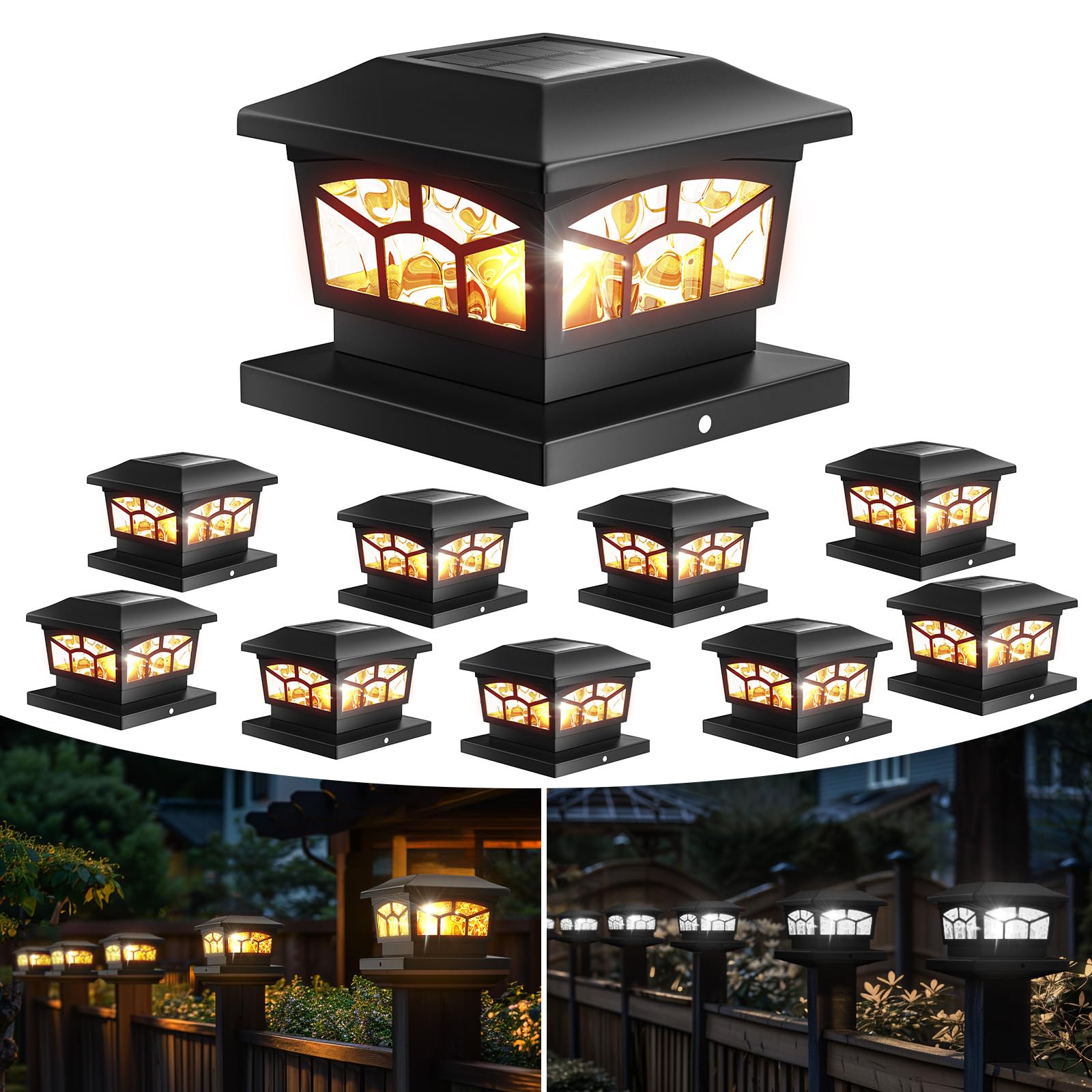 BOMIER Fence Post Solar Lights 10 Pack, Solar Post Cap Lights Waterproof, Outdoor Post Lights Fit 5.5x5.5 4x4 Post Solar Lights, Deck Post Lights Solar Powered, Solar Post Lights Outdoor