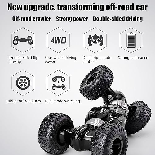Miniatura 9 de Weojeviy Control remoto de alta velocidad, auto de acrobacias giratorio 4WD, transformación de doble cara, oruga de control remoto (negro)
