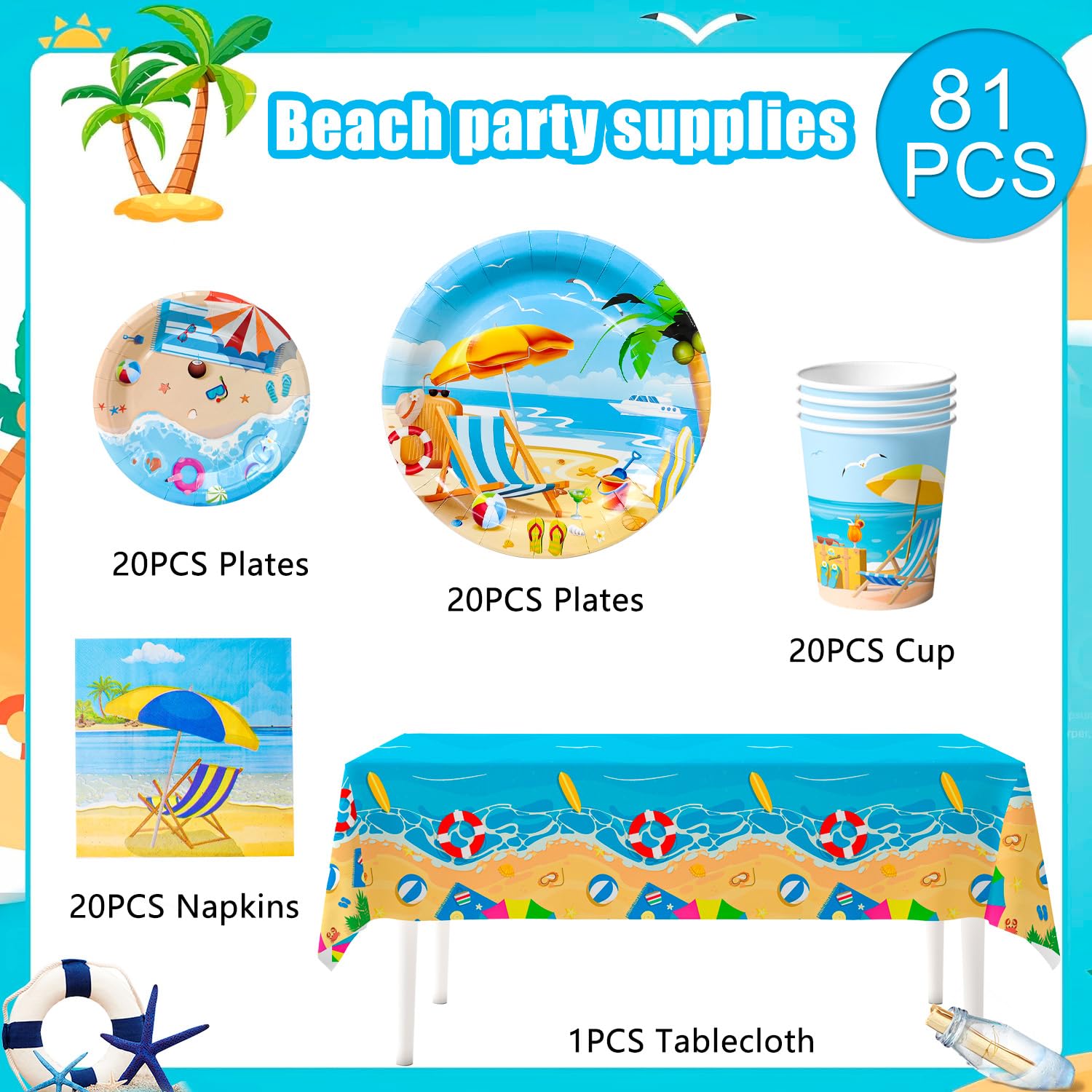 Forniture Estive per Feste in Spiaggia, 20 Ospiti Set per Feste in Mare Comprende Piatti di Carta a Tema Spiaggia, Bicchieri, Tovaglioli, Tovaglie Decorazioni per Feste di Compleanno in Mare