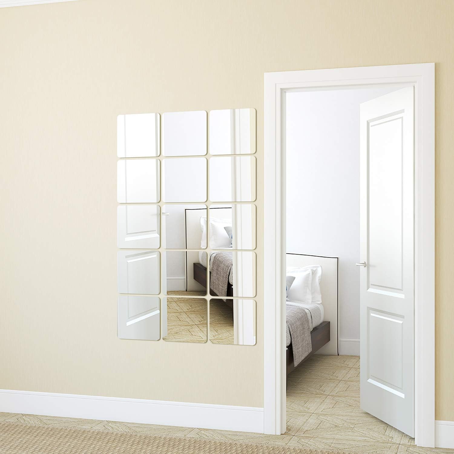 15 Pieces Mirror Sheets Flexible Non Glass Mirror Plastic Mirror Self Adhesive Tiles Mirror Wall Stickers (6 x 6 Inch)