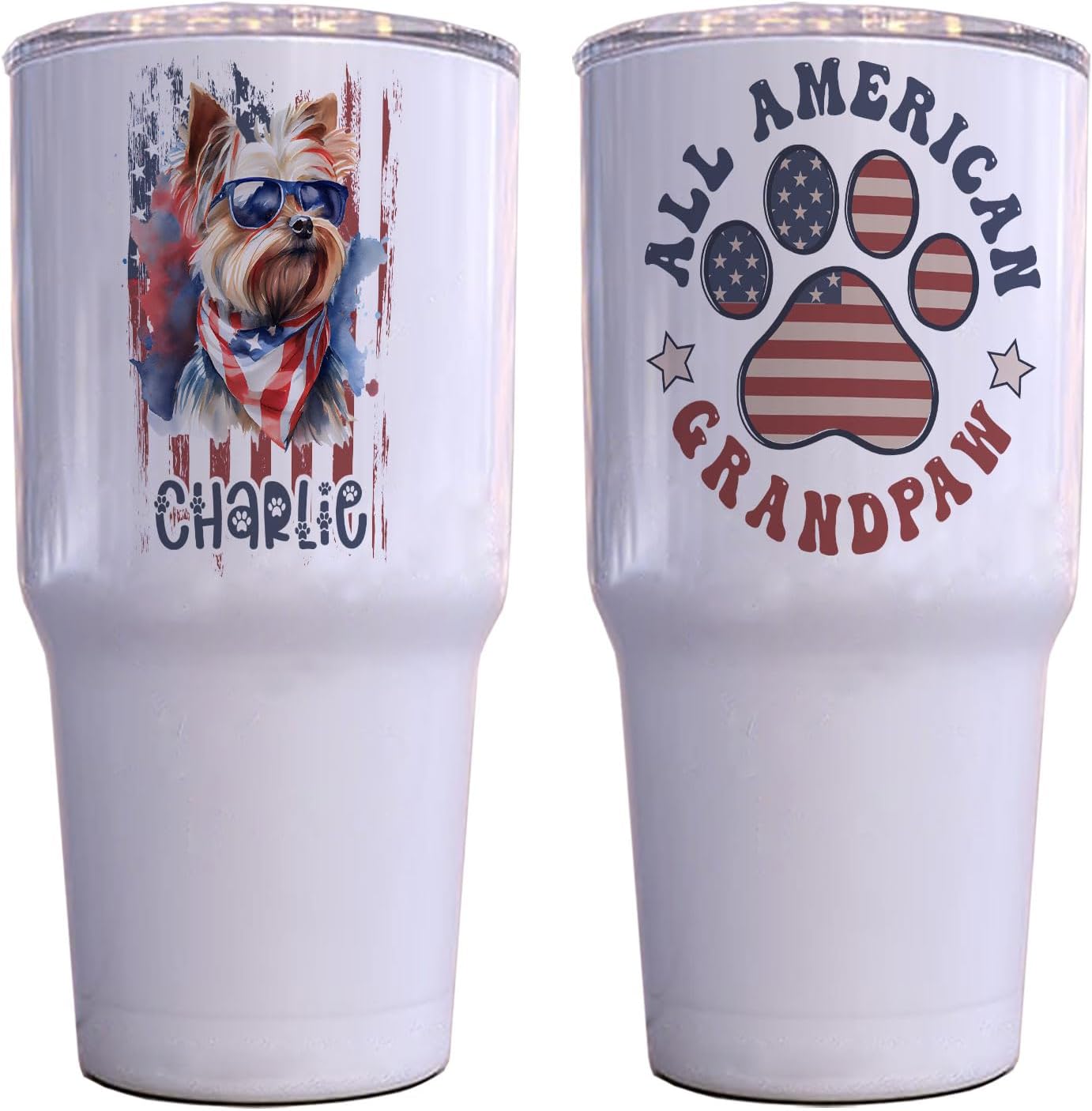 All American Yorkshire Terrier Dog Grandpaw Grandpa Patriotic 4th of July US Flag Insulated Tumbler Gift Custom Name Tumbler Insulated 30oz With Lid Gift