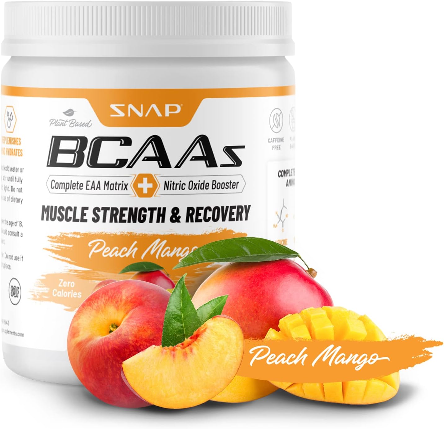 Snap BCAA Powder Essential Amino Supplement with Nitric Oxide Booster - Pre Workout Powder, Recovery Supplements Post Workout, Muscle Strength, BCAA for Women & Men (30 Servings) (Peach Mango)
