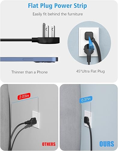 Miniatura 2 de Extensor de toma de corriente plana con puertos USB C, enchufe de pared de 4 tomas, 3 USB, cable de extensión ultrafino de 6 pies, regleta de