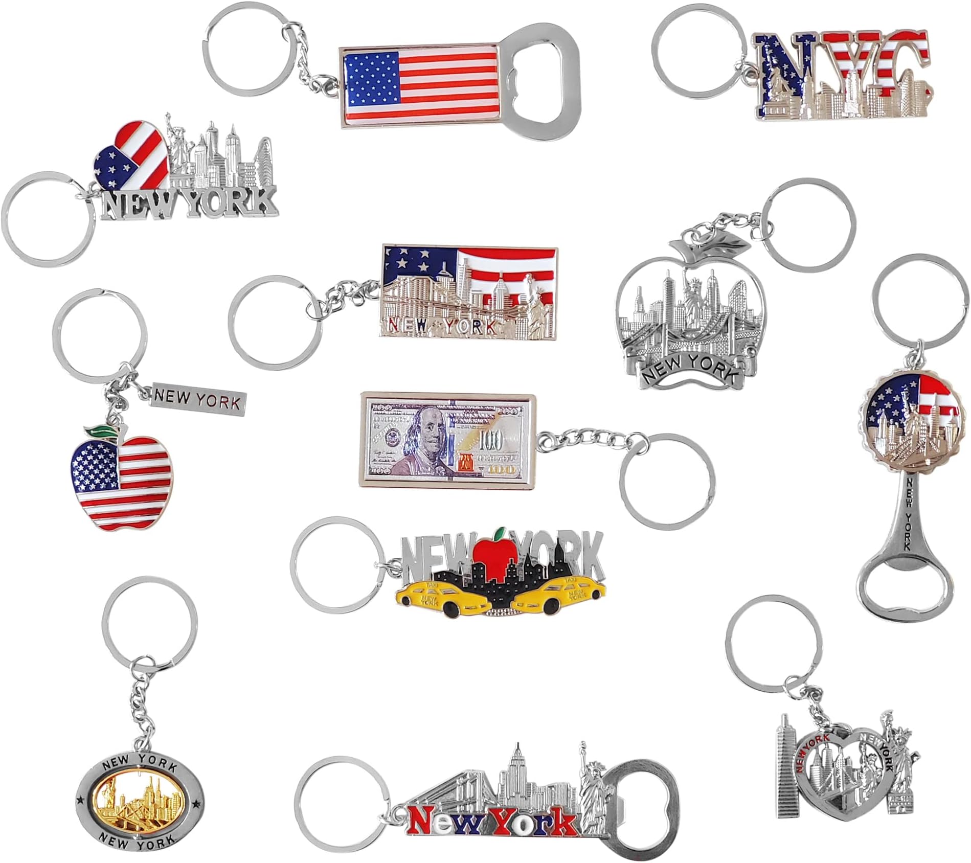 12 Pack NYC Silver Souvenir Collection New York Metal Keychain Ring Bundle Bulk Includes 3pc Bottle Opener, Empire State, Freedom Tower, Statue Of Liberty USA Flag,NY Cab, Apple, And More.… (silver)