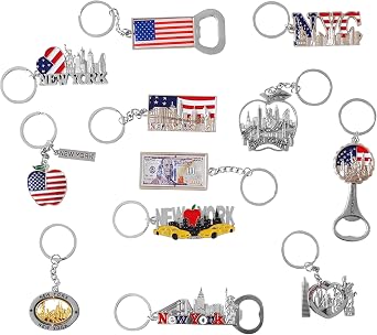 Spark 12-Pack New York City Souvenir Keychains 3D Silver Metal NYC Landmark Set with Statue of Liberty, Empire State Building, Freedom Tower, Taxi Cab, USA Flag & Bottle Openers