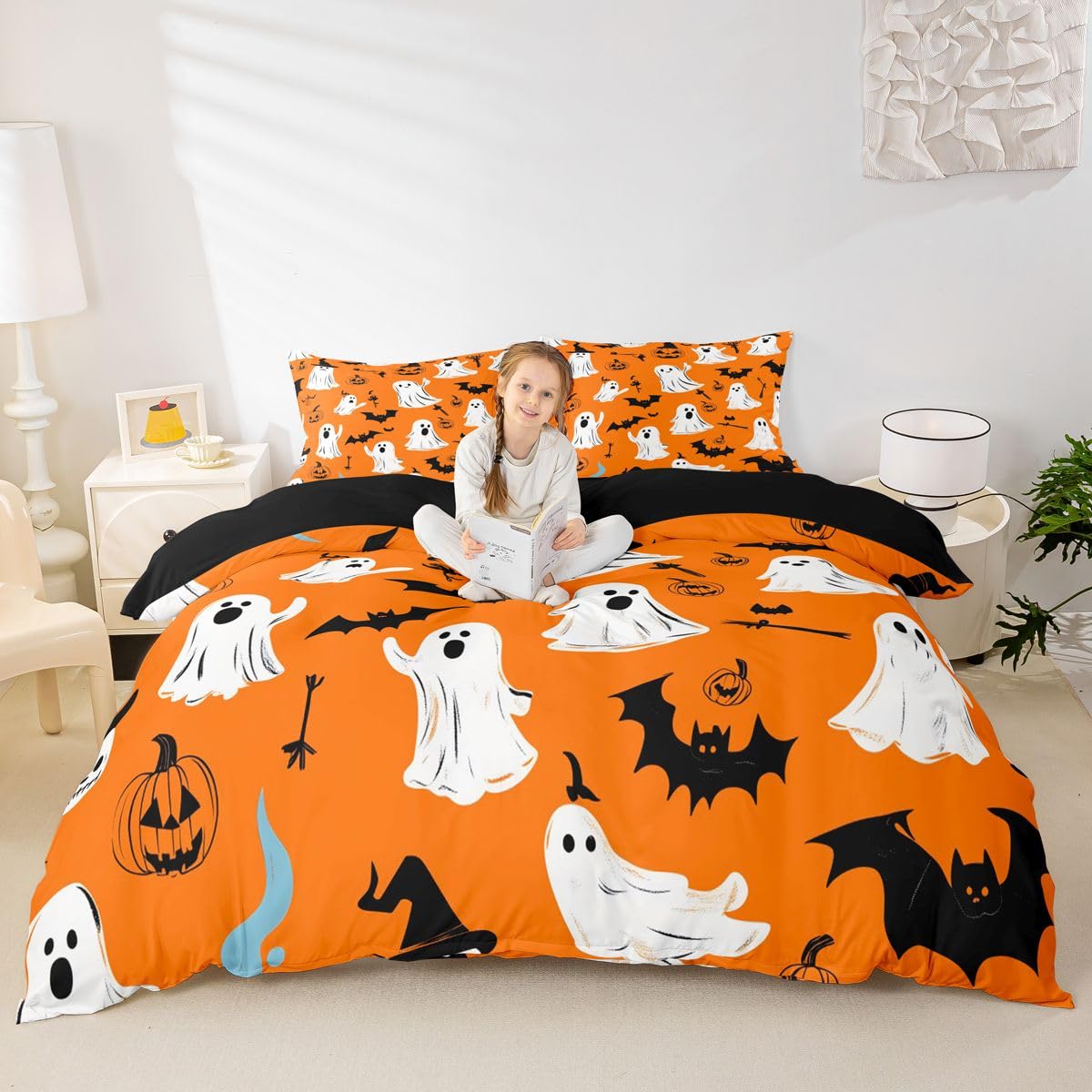 Loussiesd Happy Halloween poszewka na kołdrę super king size chłopcy dziewczęta pajęczyna duch nietoperz dynia zestaw pościeli oddychająca miękkie pomarańczowe tło narzuta na łóżko 3 szt. dekoracja
