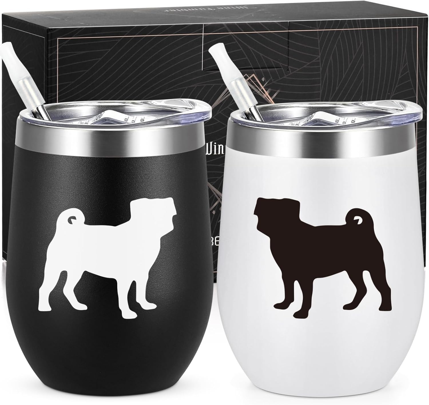 Lifecapido Pug Gifts for Pug Lovers, Pugs Silhouette 12oz Stainless Steel Wine Tumbler Set of 2, Birthday Christmas Gifts for Dog Lovers Dogs Parents Dogs Mom Dad, Black and White