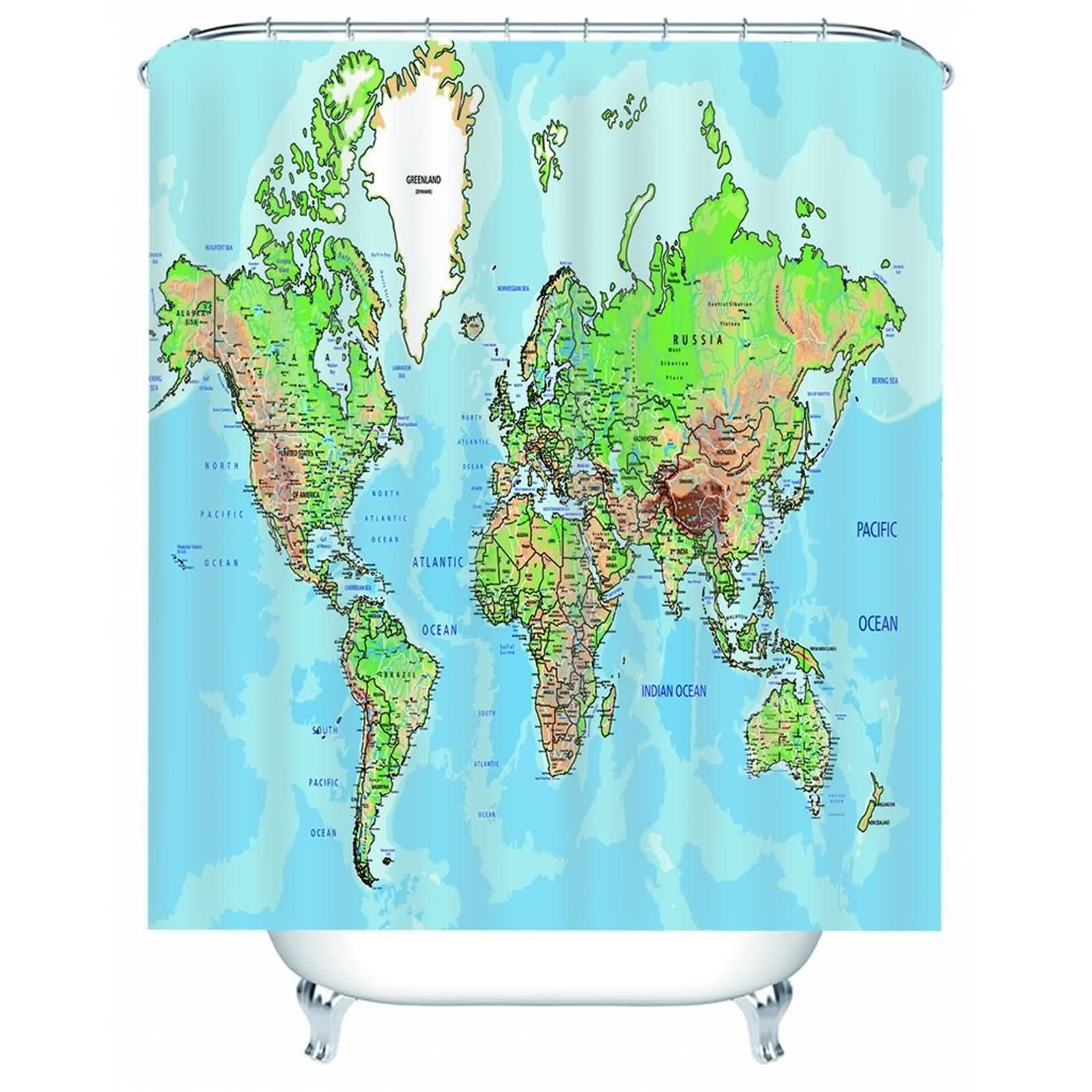 Rideau de douche vert bleu carte du monde en polyester lavable