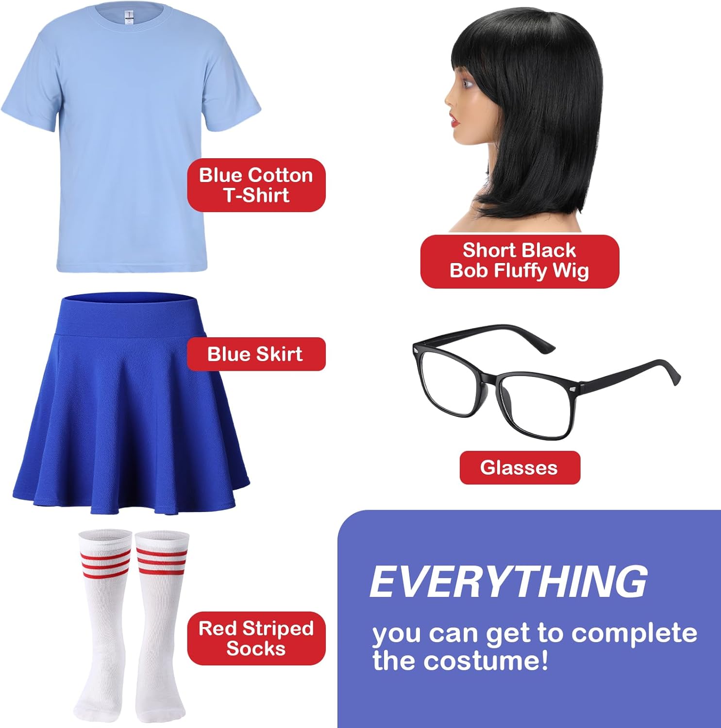 Crowye 6 Pcs Halloween Costume Nerd Glasses for Women Black Bob Wigs Blue Short Sleeve Shirts Skater Skirts Striped Socks