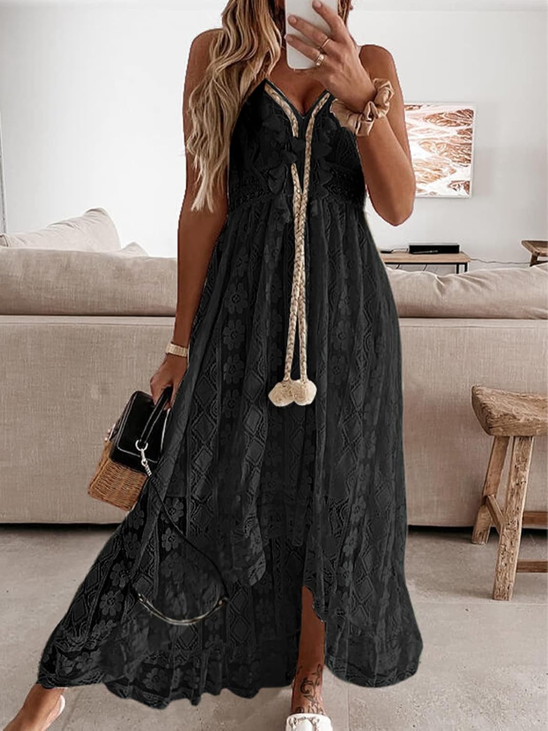 Boho Laced-Up Tassel Maxi Dress