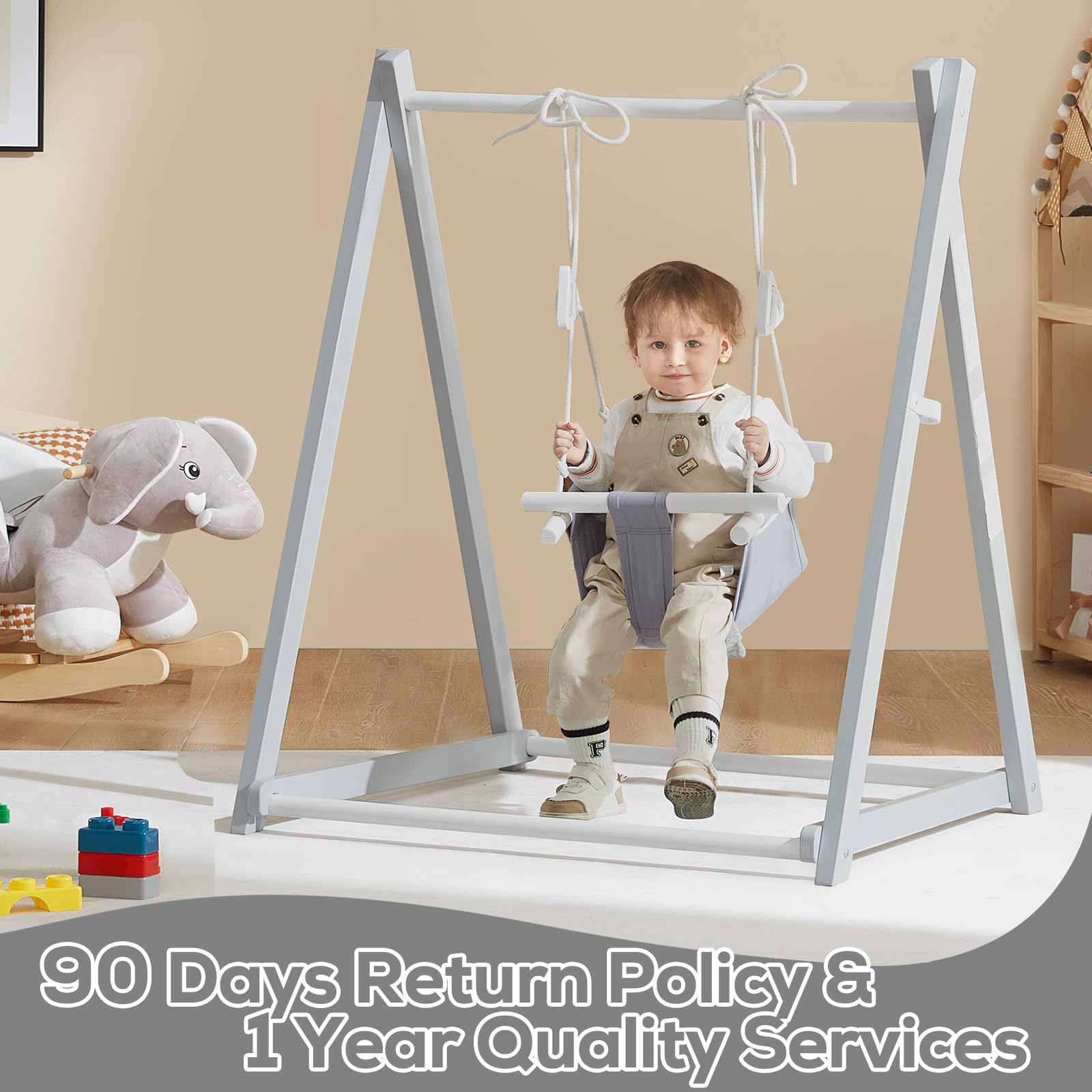 FUNLIO Altalena in legno per bambini dai 6 ai 36 mesi, set altalena pieghevole con 4 sacchi di sabbia, altalena per bambini, per interni ed esterni, colore grigio