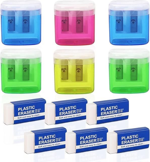 TSHAOUN 6 PCS Manual Pencil Sharpeners ,Colorful Dual Holes Sharpener with Lid and 6PCS White Plastic Eraser , for Kids Students School Home Office Supply. (Multicolour)