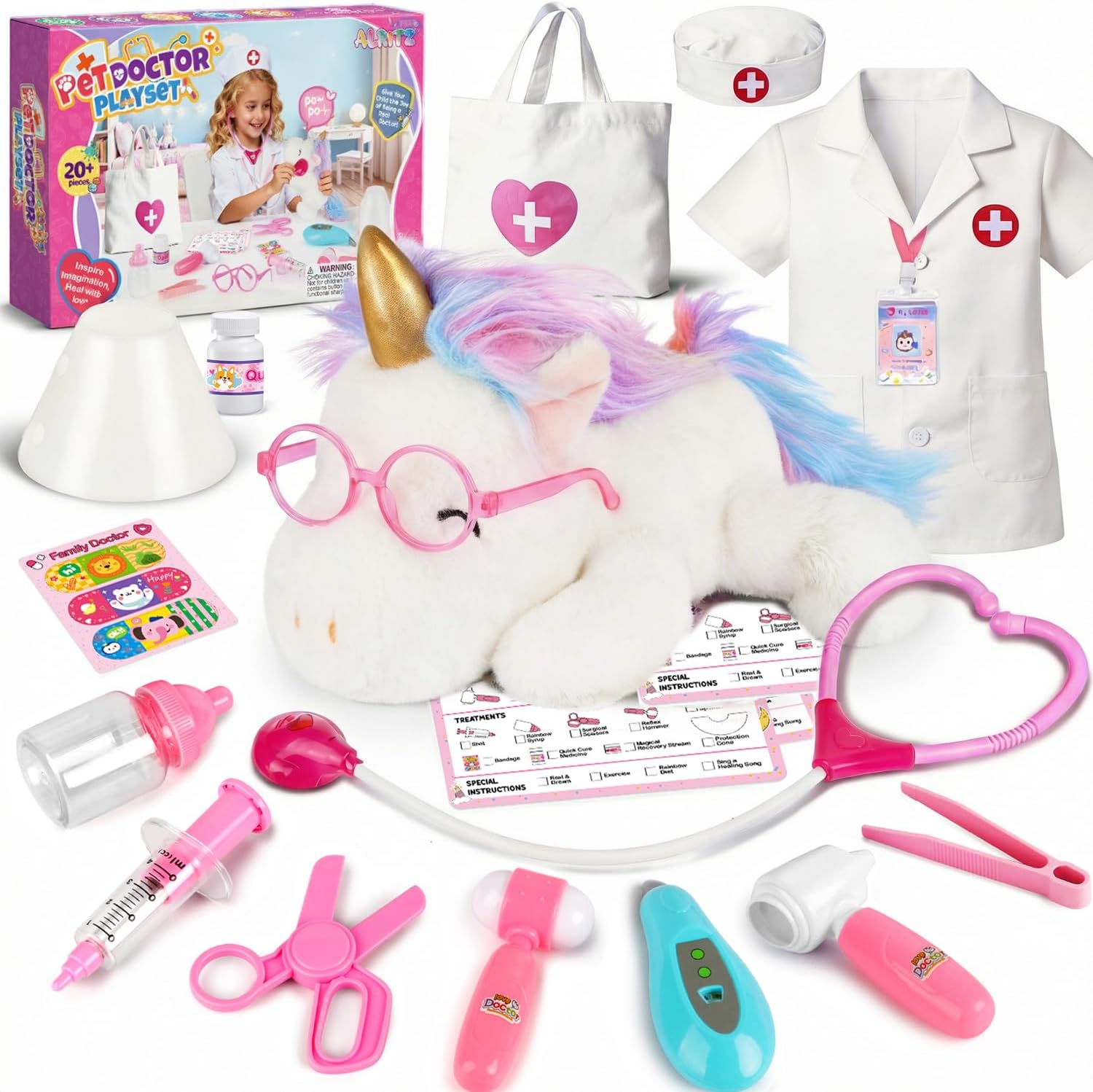 Alritz Unicorn Doctor Kit for Girls - Pretend Play Toys with Stethoscope, Carrying Bag, Vet Costume, Kids Doctors Play Set for Ages 3 4 5 +, Birthday Gift Ideas​
