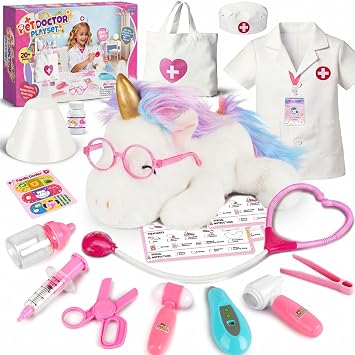 Alritz Unicorn Doctor Kit for Girls - Pretend Play Toys with Stethoscope, Carrying Bag, Vet Costume, Kids Doctors Play Set for Ages 3 4 5 +, Birthday Gift Ideas