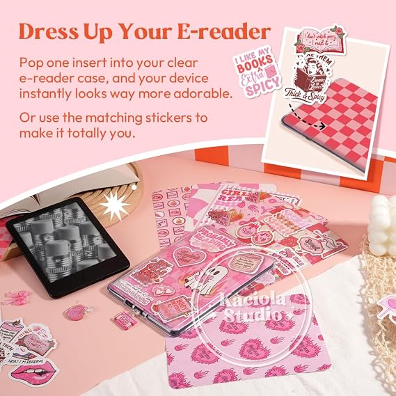 Kaciola 12PCS Inserts Cardstock Paper for Kindle, and 50PCS Scrapbook Stickers for Clear Case, 6.2x4.3 Back Cover Insert Decorating Accessories for Kindle Basic (Pink Book)